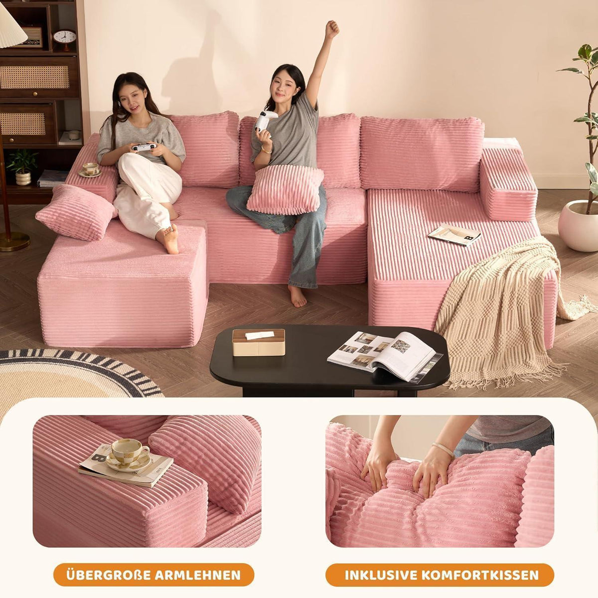 U-förmiges Schlafsofa 272cm mit Chaiselongue & weicher Recamiere