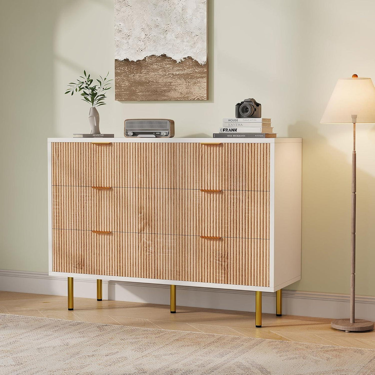 Kommode 6 Schubladen Holz Metallfüße Weiß Naturholz