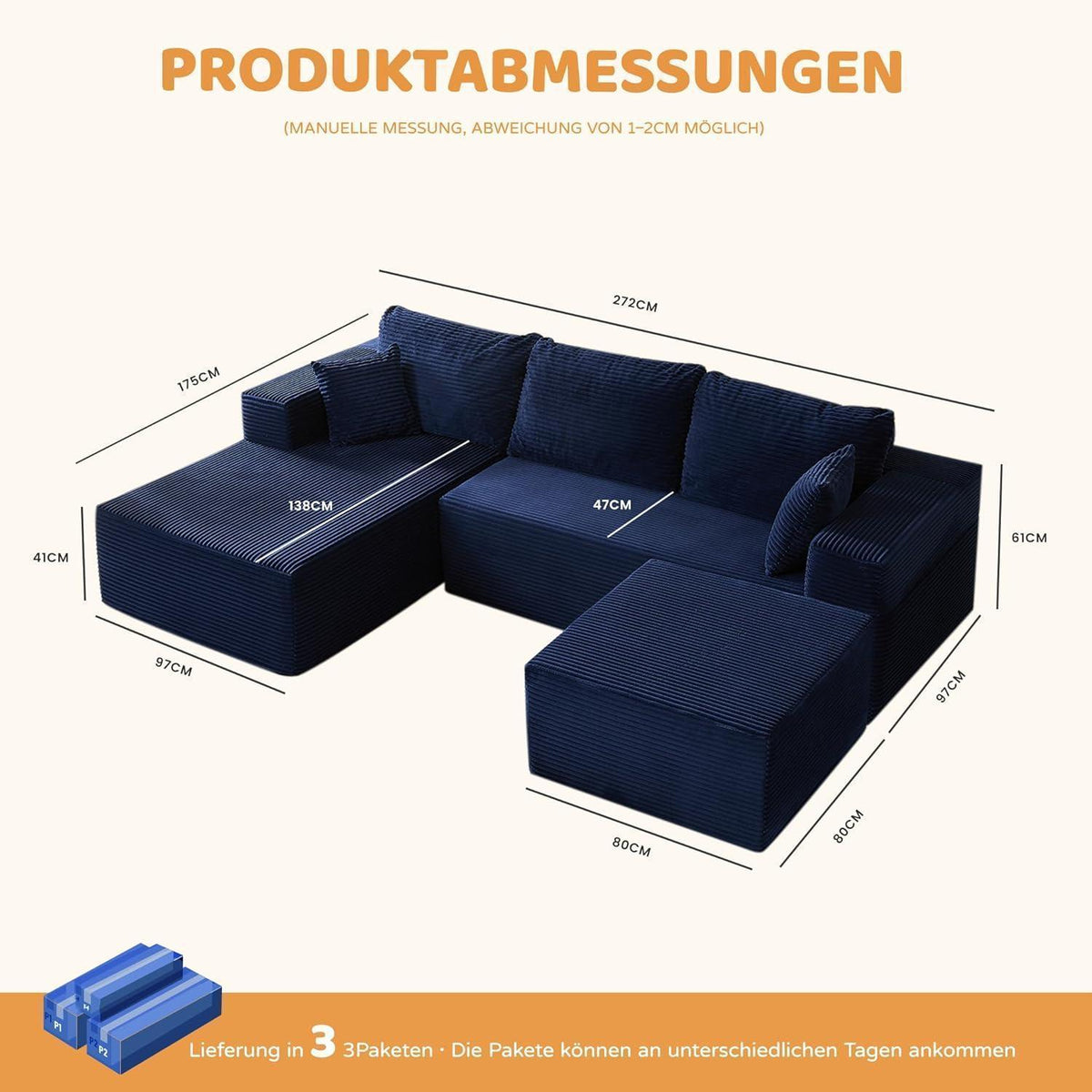 Modulares Ecksofa 272cm mit Schlaffunktion & Chaiselongue Links