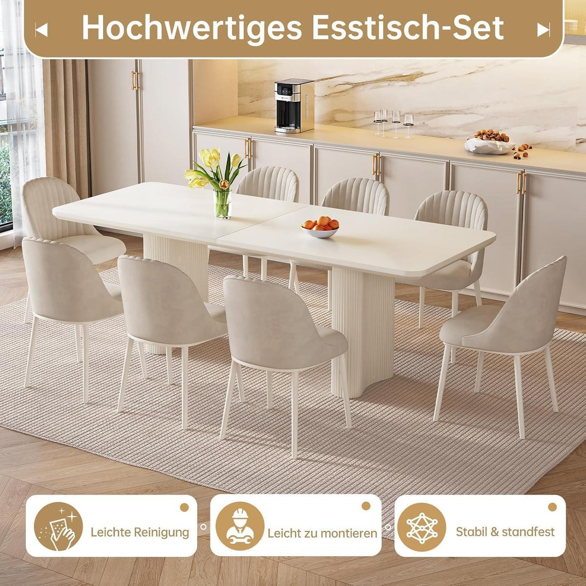 Rechteckiger Esstisch Creme mit 4 Stühlen (200 cm)