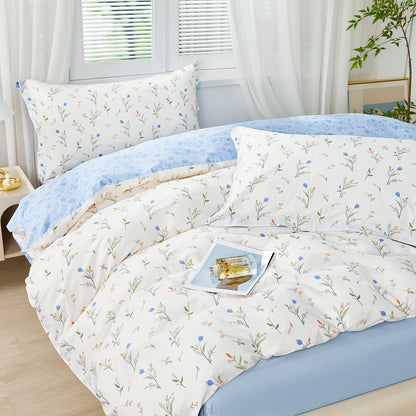Blumen Bettwäsche Set 200x220 Baumwolle Blau Botanisch