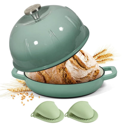 Gusseisen Brotbacktopf 5,35L Meersalzgrün mit Handschuhen