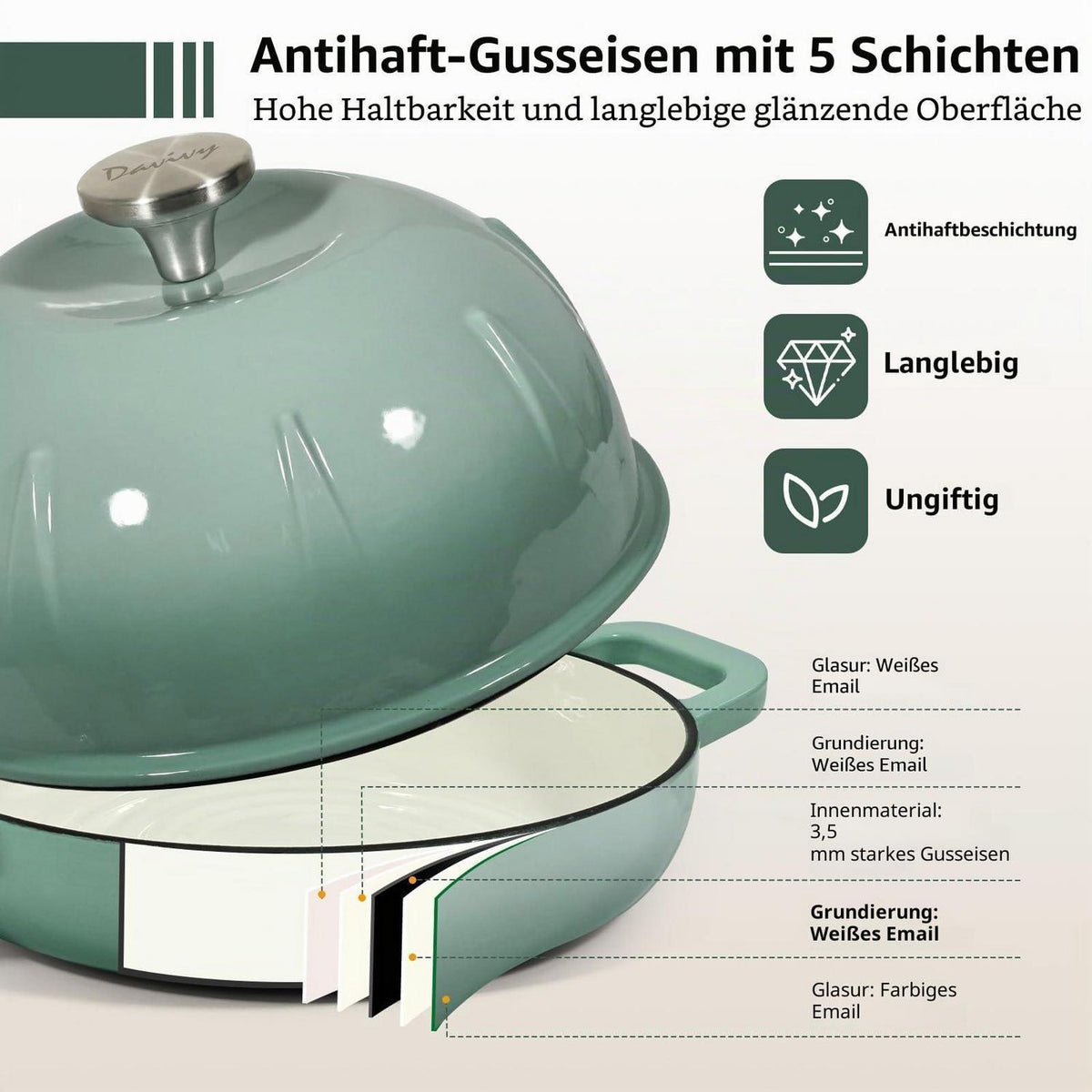 Gusseisen Brotbacktopf 5,35L Meersalzgrün mit Handschuhen