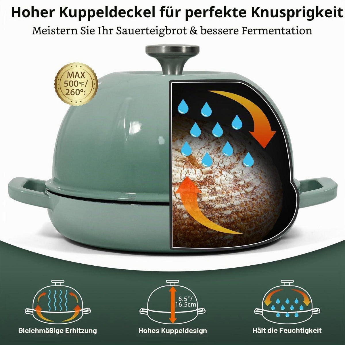 Gusseisen Brotbacktopf 5,35L Meersalzgrün mit Handschuhen