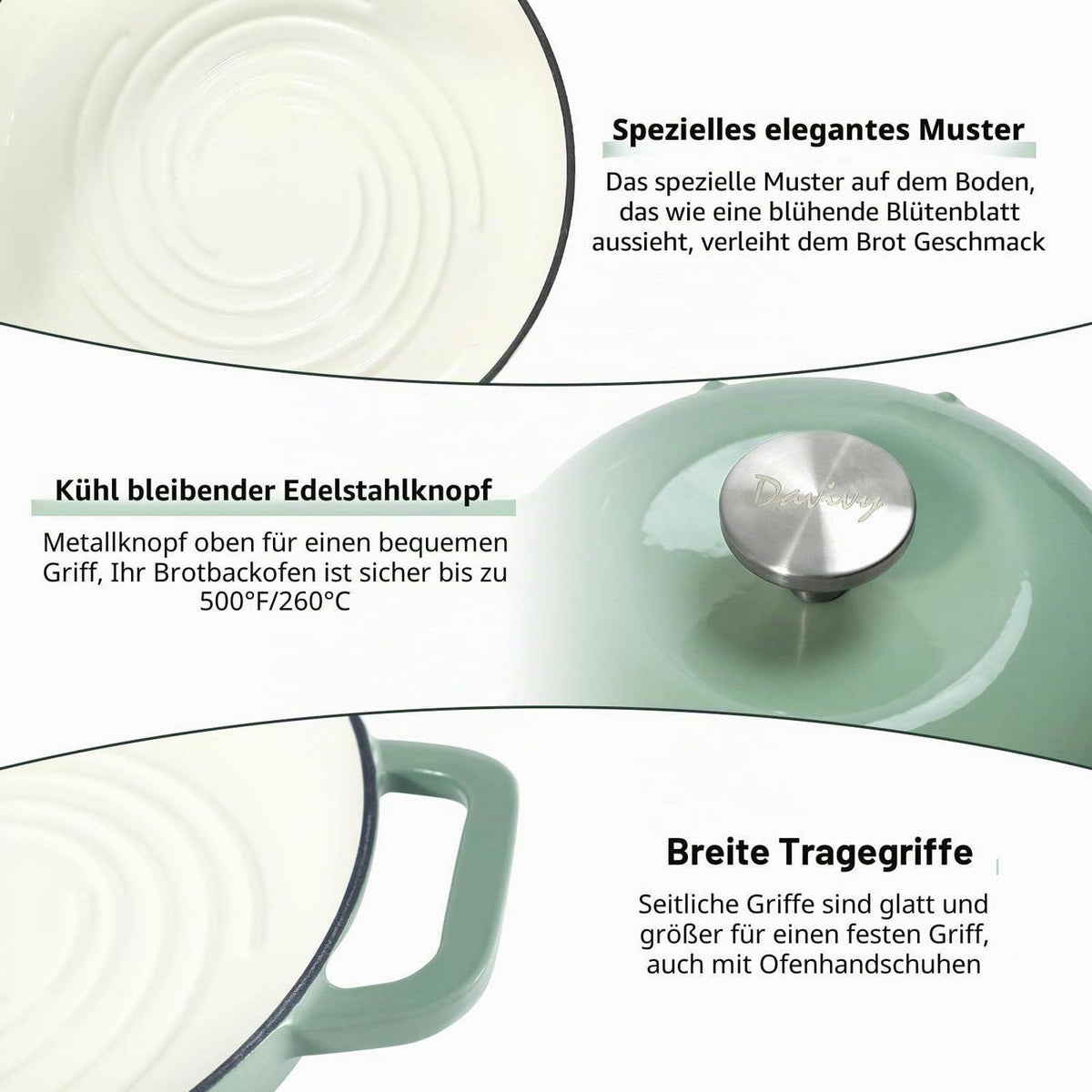 Gusseisen Brotbacktopf 5,35L Meersalzgrün mit Handschuhen