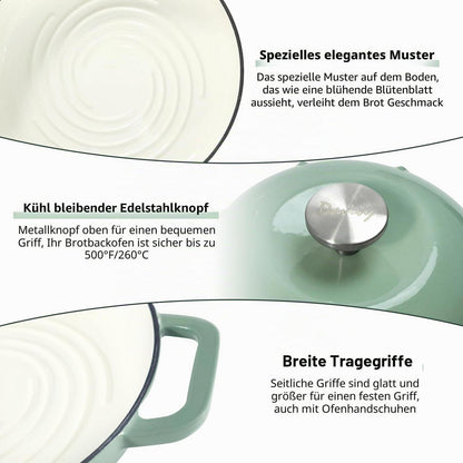 Gusseisen Brotbacktopf 5,35L Meersalzgrün mit Handschuhen