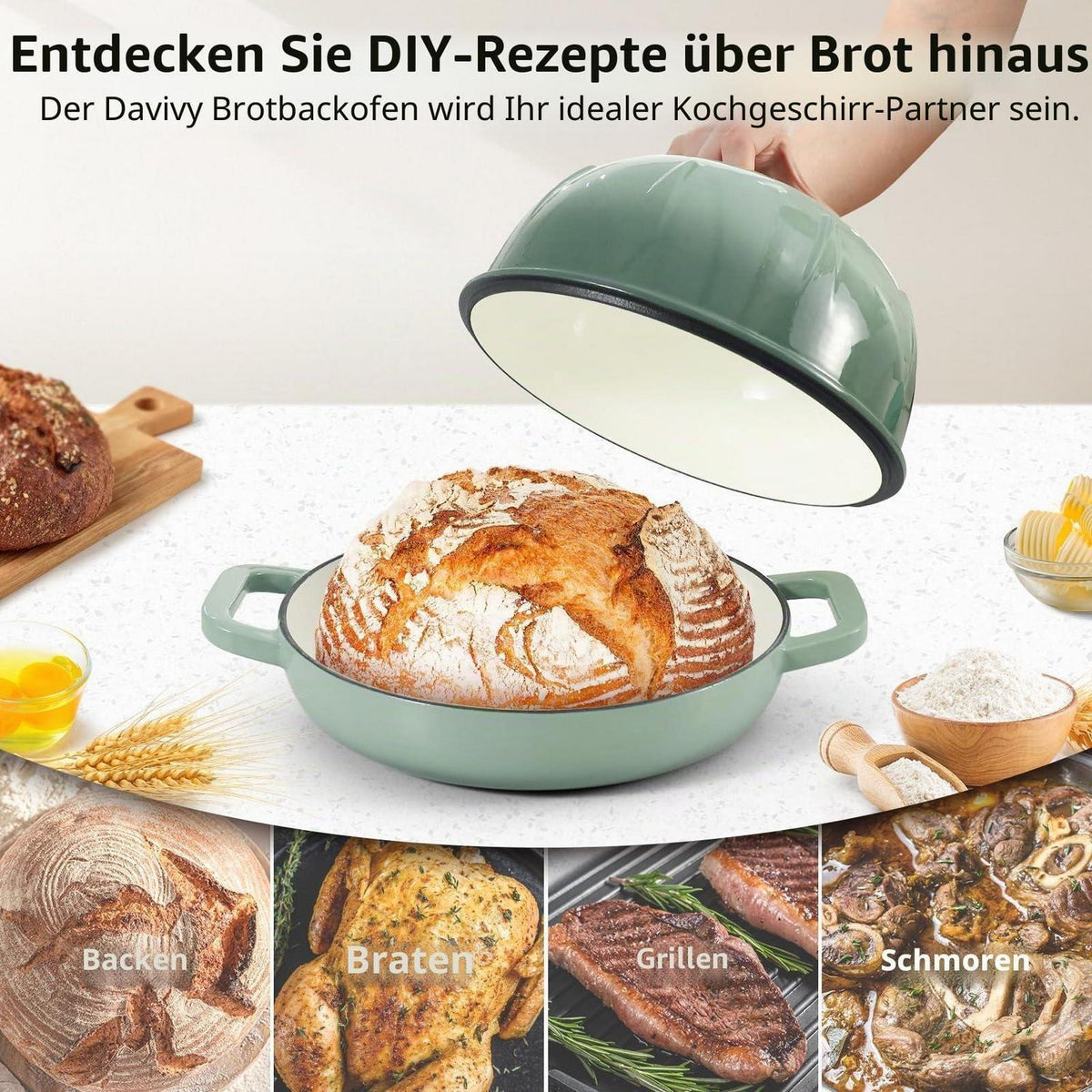 Gusseisen Brotbacktopf 5,35L Meersalzgrün mit Handschuhen