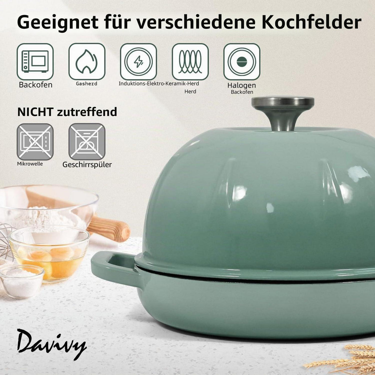 Gusseisen Brotbacktopf 5,35L Meersalzgrün mit Handschuhen