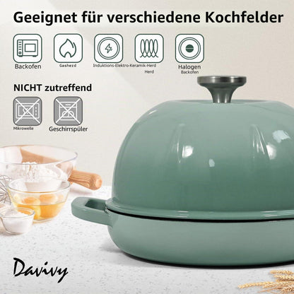 Gusseisen Brotbacktopf 5,35L Meersalzgrün mit Handschuhen