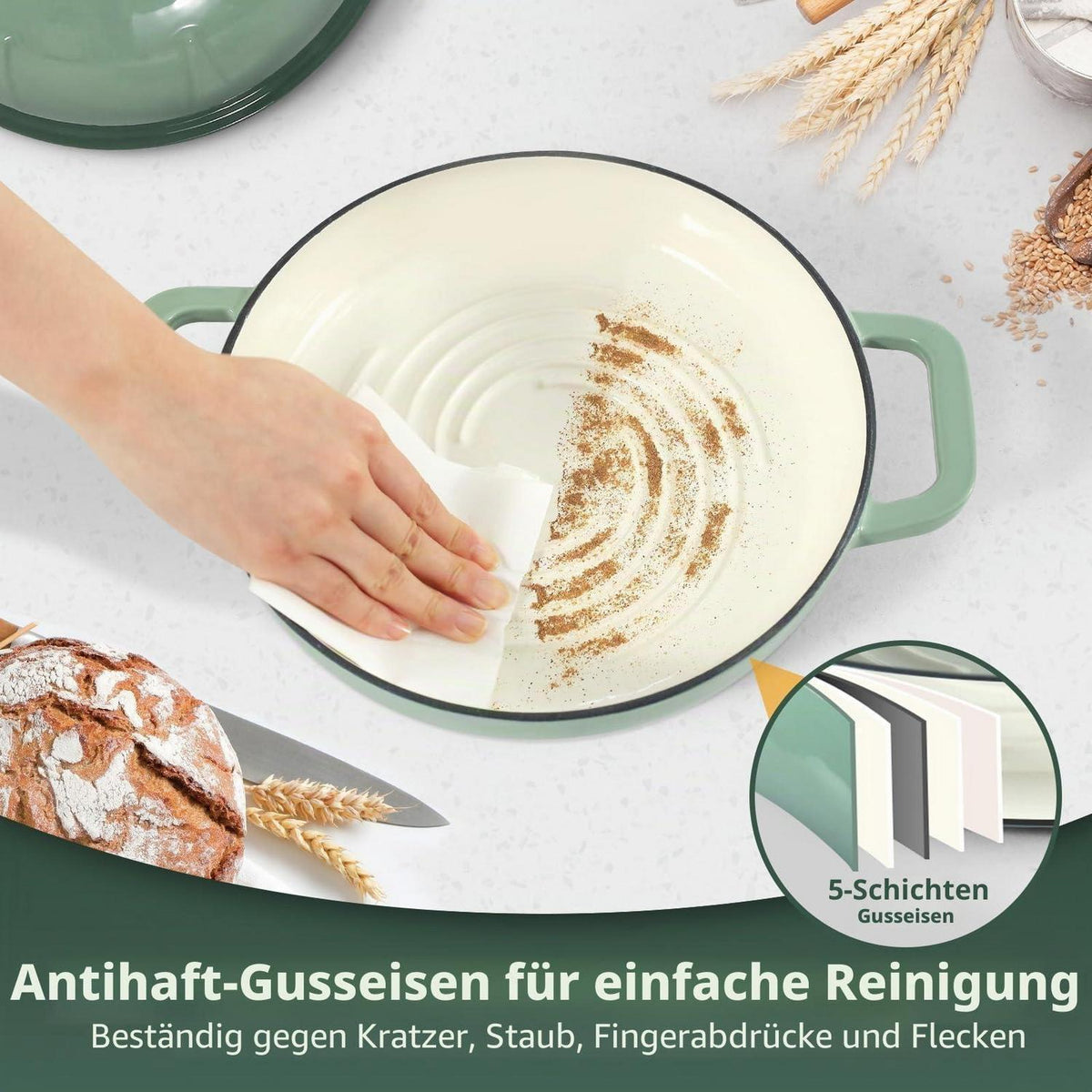 Gusseisen Brotbacktopf 5,35L Meersalzgrün mit Handschuhen