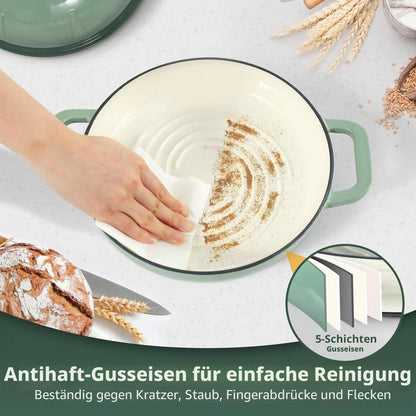 Gusseisen Brotbacktopf 5,35L Meersalzgrün mit Handschuhen