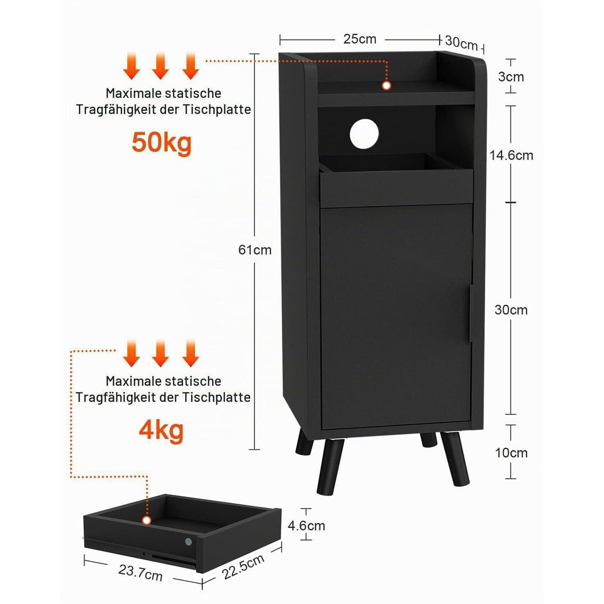 Nachttisch 2er Set Schwarz – Schmaler Nachtschrank mit Schublade