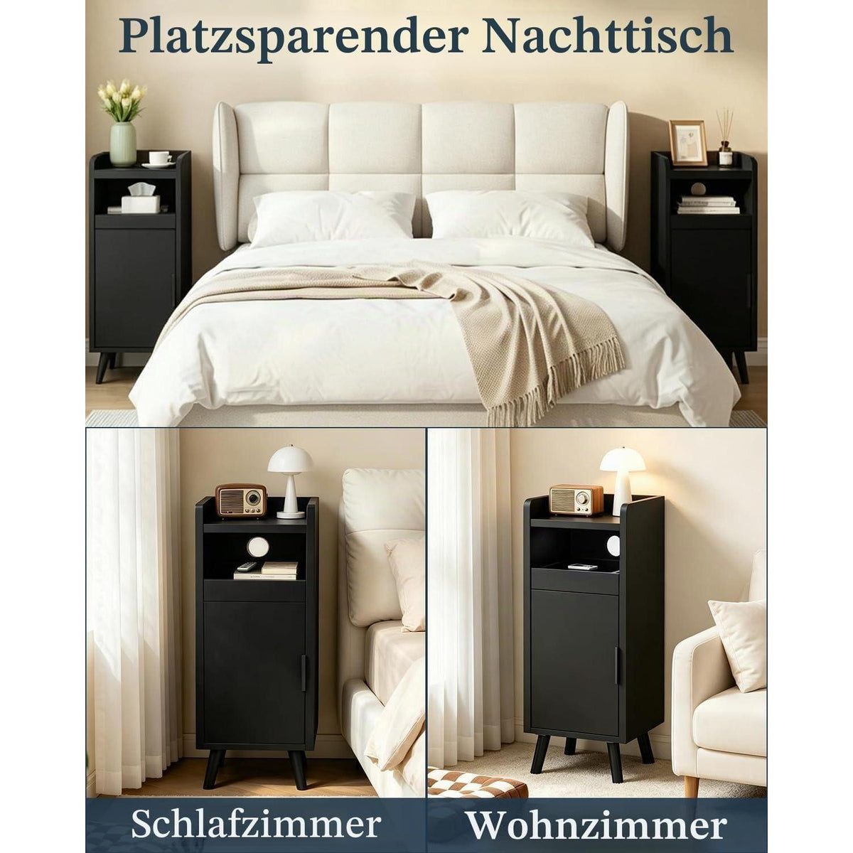 Nachttisch 2er Set Schwarz – Schmaler Nachtschrank mit Schublade