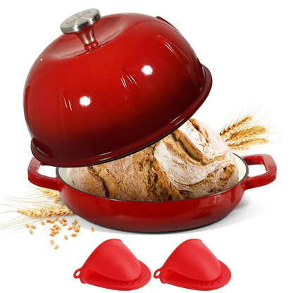 Gusseisen Brotbacktopf 5,35L Kirschrot mit Ofenhandschuhen