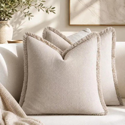 2er Set Baumwoll Kissenbezüge mit Fransen, 60x60 cm, Beige