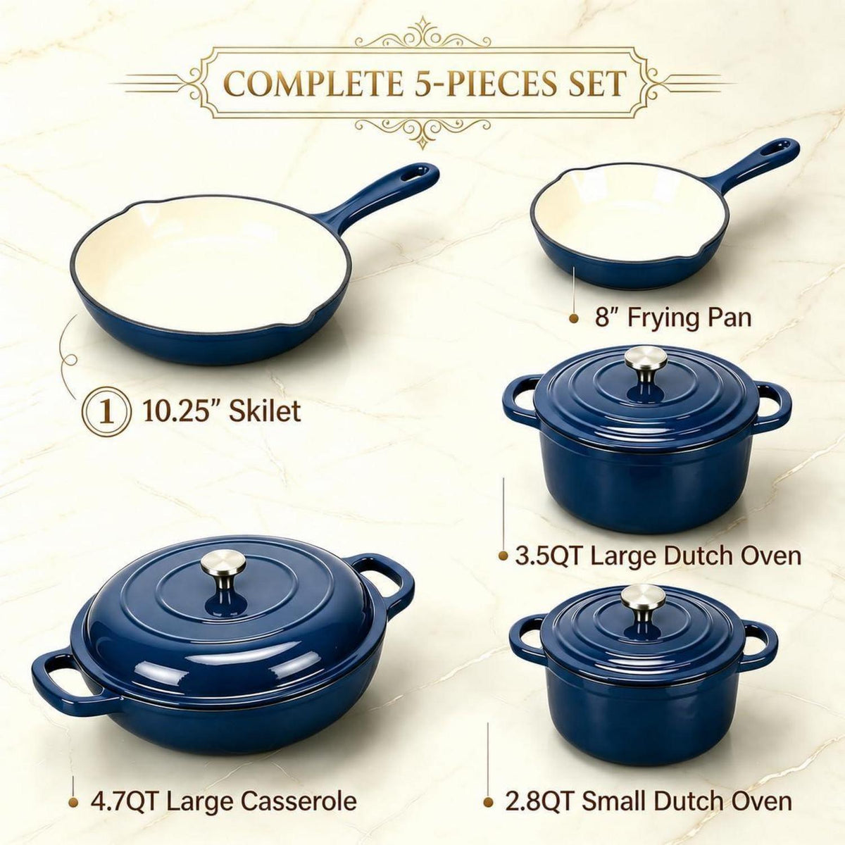 Emailliertes Gusseisen Kochset 5-teilig – Navy Blue