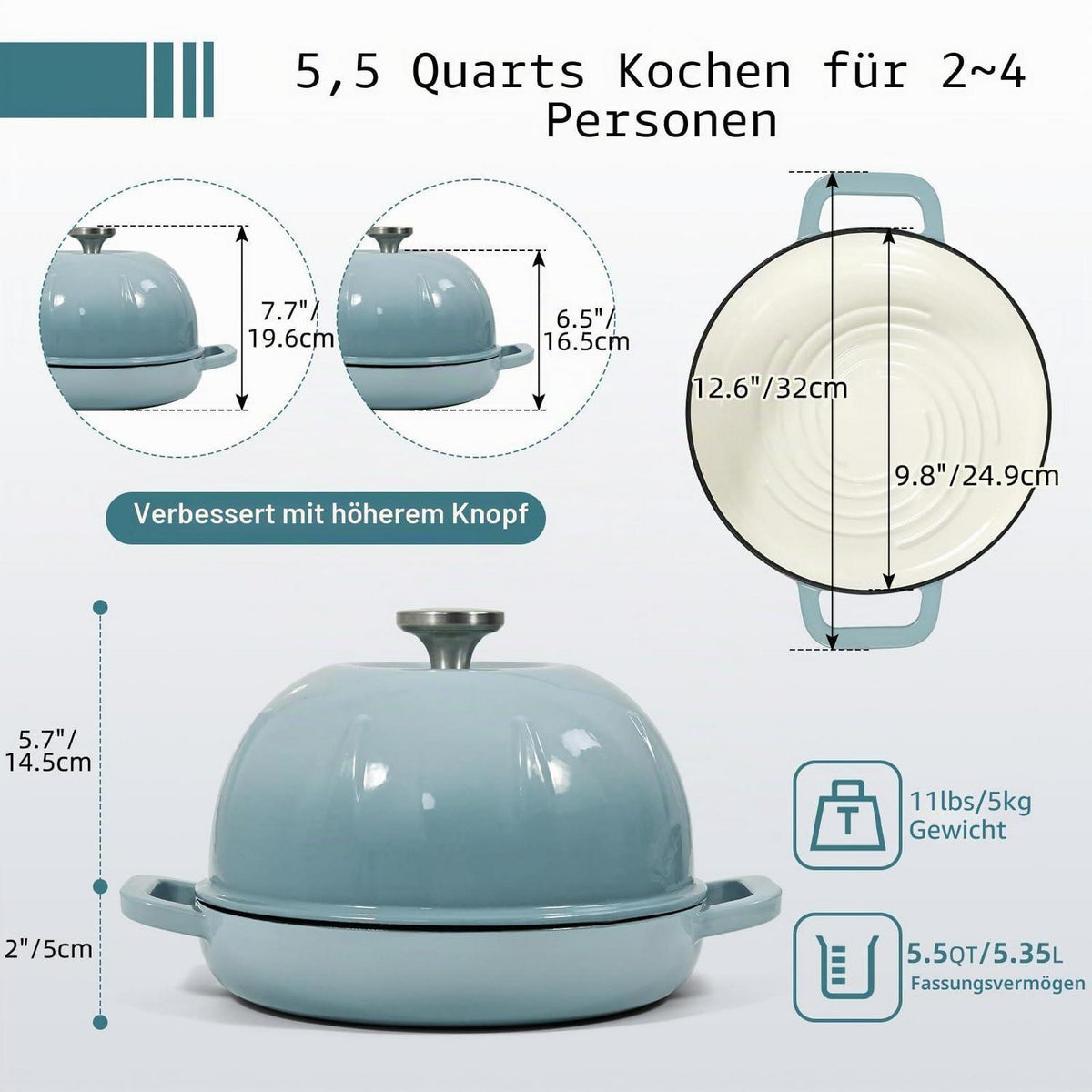 Gusseisen Brotbacktopf 5,35L mit Ofenhandschuhen – Meersalzblau