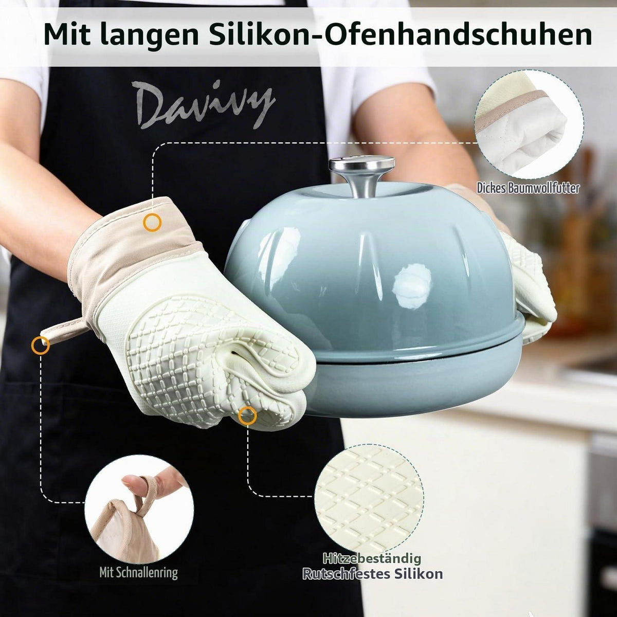 Gusseisen Brotbacktopf 5,35L mit Ofenhandschuhen – Meersalzblau
