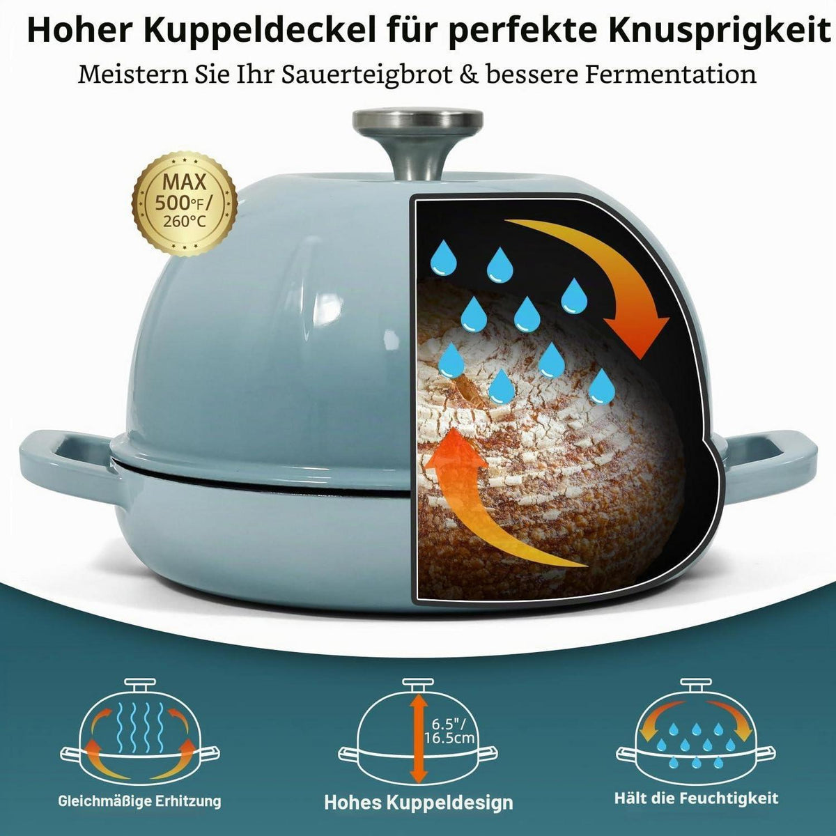 Gusseisen Brottopf 5,35L Meersalzblau mit Brotschlinge