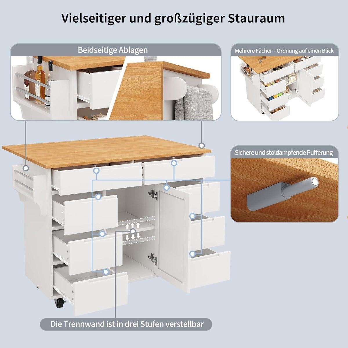 Moderne Kücheninsel mit Rollen & Schubladen (Weiß)