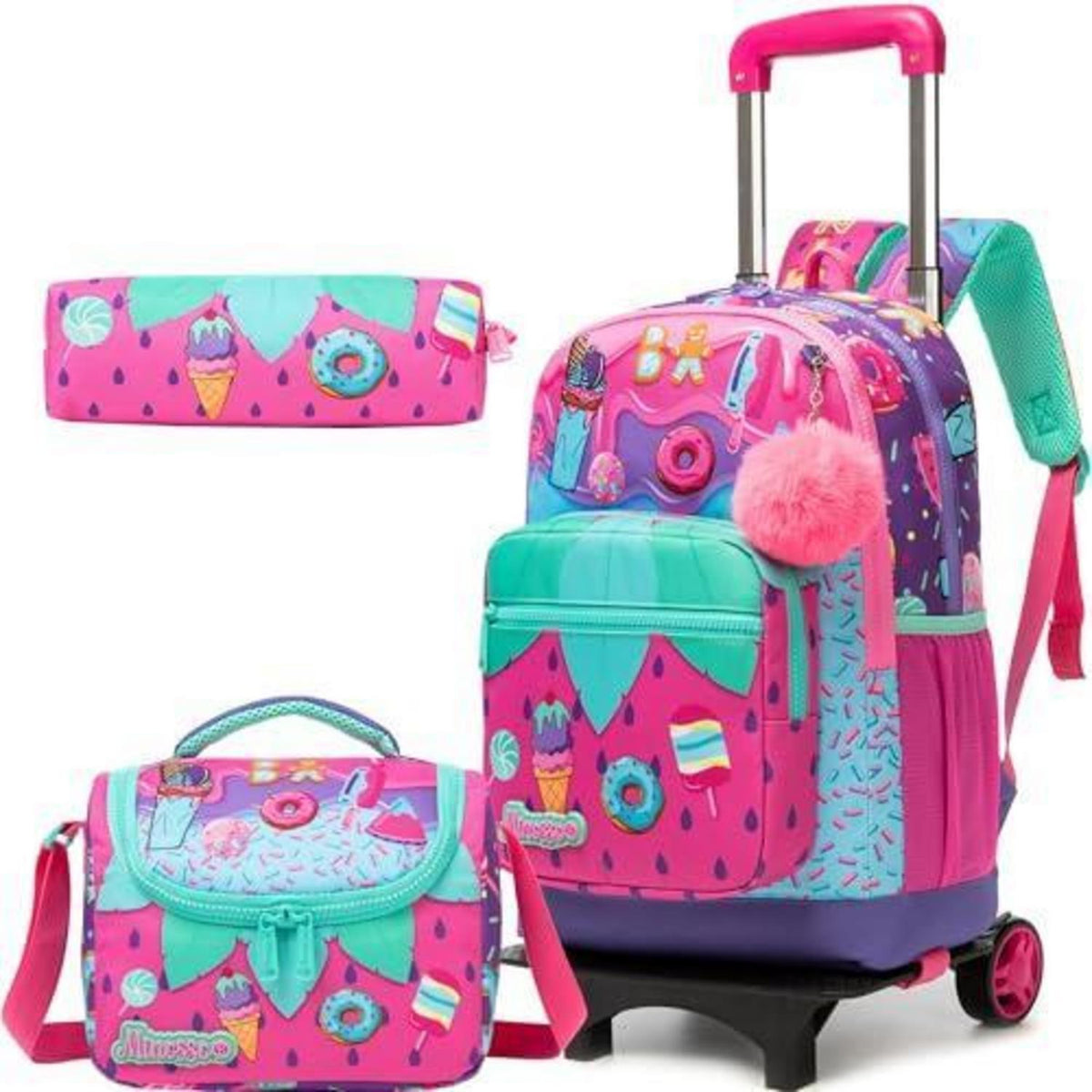 Schulrucksack Trolley Mädchen Rosa Eiscreme mit Lunchbag & Federmäppchen
