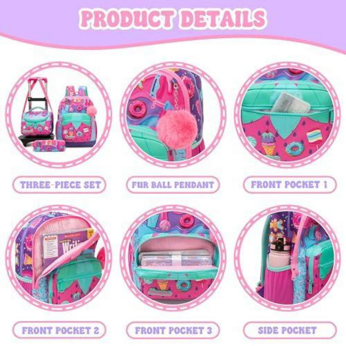 Schulrucksack Trolley Mädchen Rosa Eiscreme mit Lunchbag & Federmäppchen