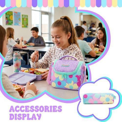 Schulrucksack Trolley Mädchen Lila Blumen – 3in1 Set mit Lunchbag & Federmäppchen