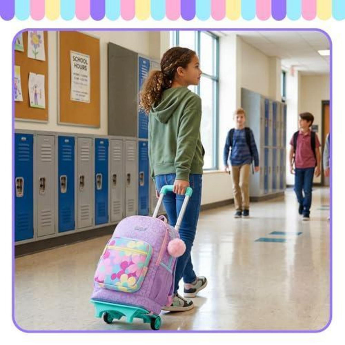 Schulrucksack Trolley Mädchen Lila Blumen – 3in1 Set mit Lunchbag & Federmäppchen
