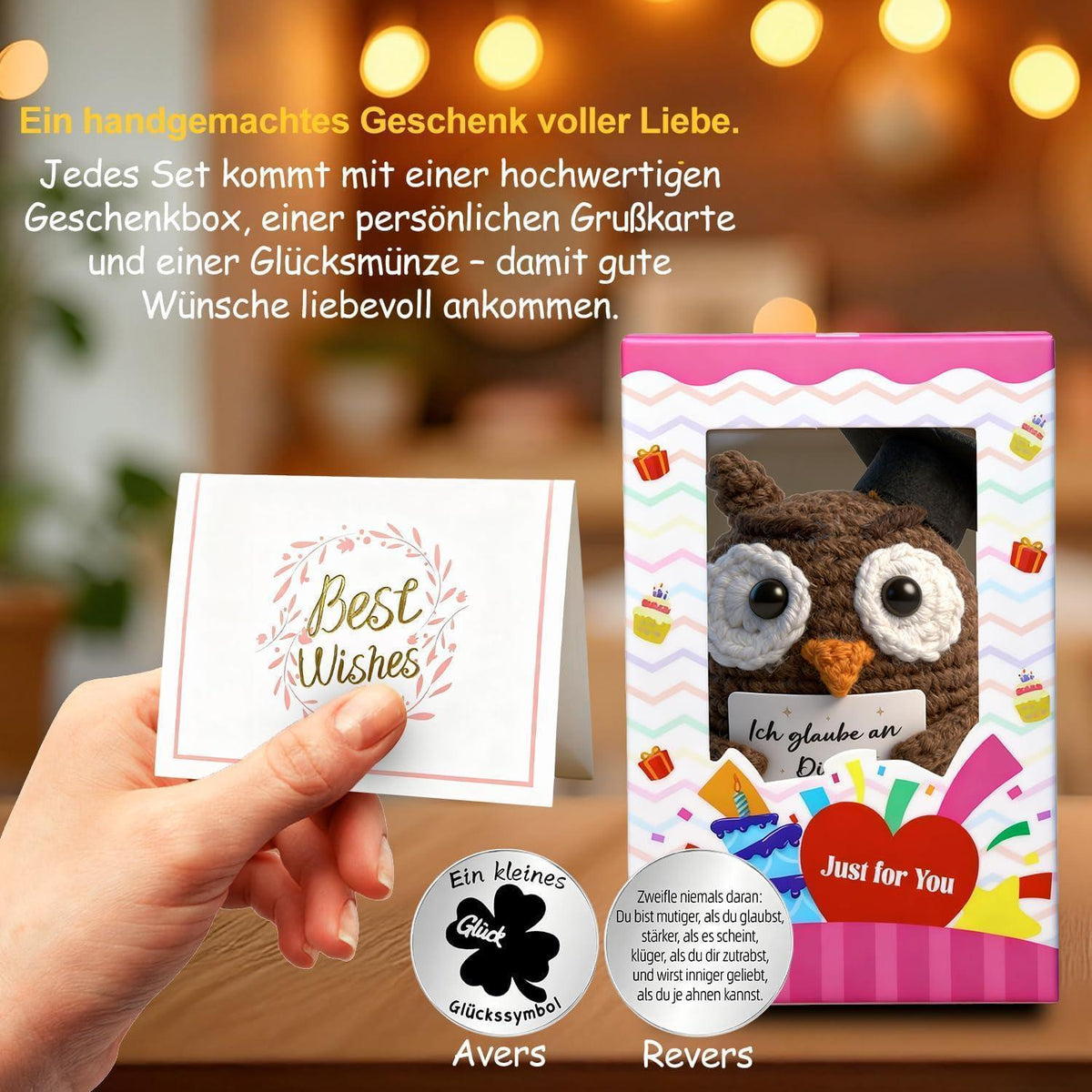 Handgehäkelte Abschluss-Eule mit Doktorhut – Glücksbringer Geschenk