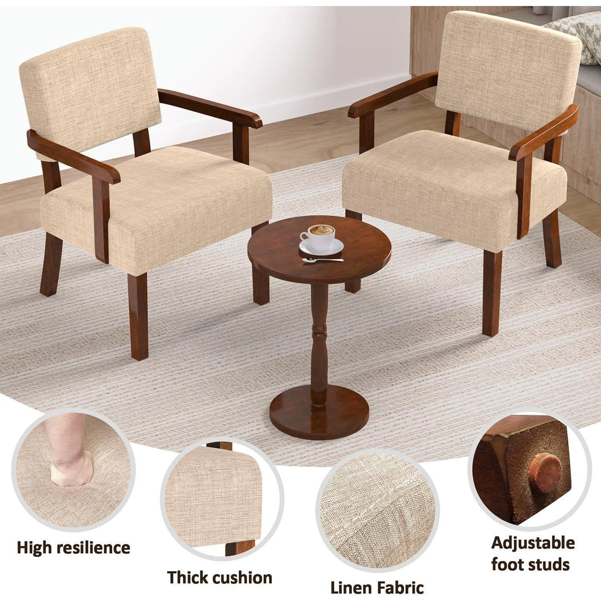 Loungesessel Set 2 Sessel & 1 Tisch – Beige Leinen, Komfort & Stil