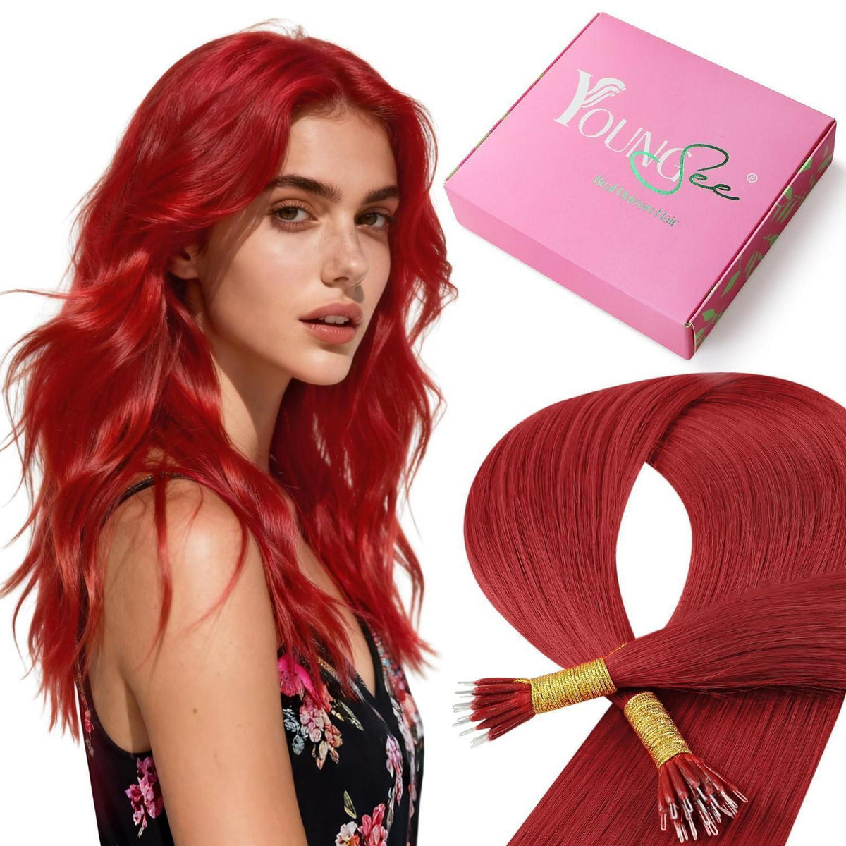 Rote Echthaar Nanoring Extensions 60cm – Remy Haarverlängerung