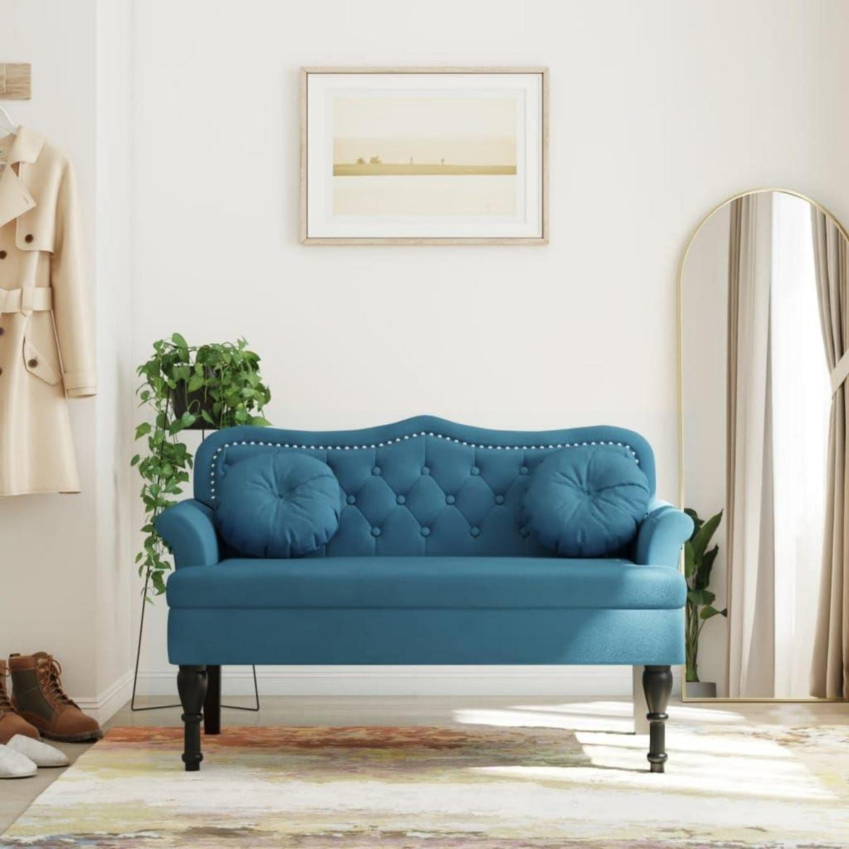 Sitzbank 2-Sitzer mit Kissen, Samtoptik Blau – Modernes Polstersofa