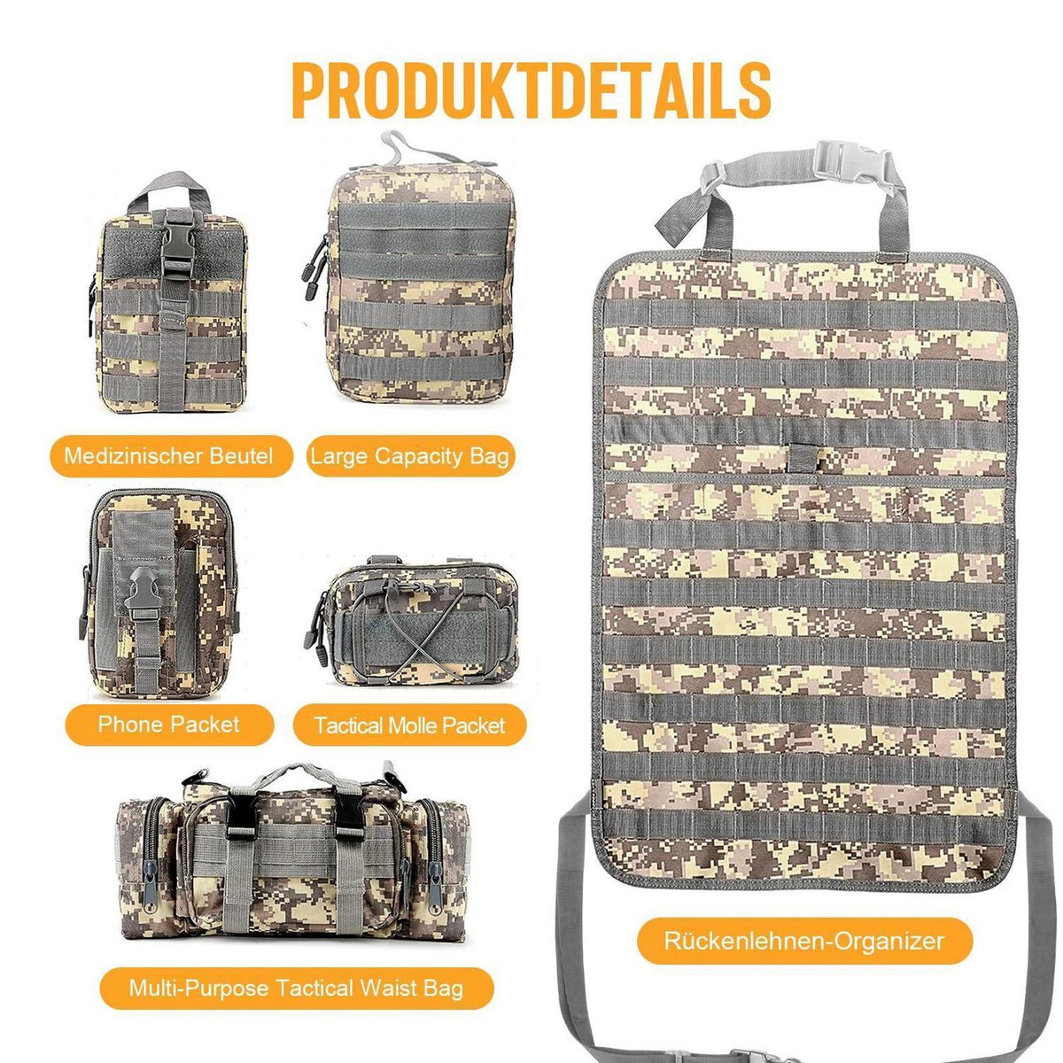 Taktischer Autositz-Organizer mit Molle-Taschen (5x abnehmbar)