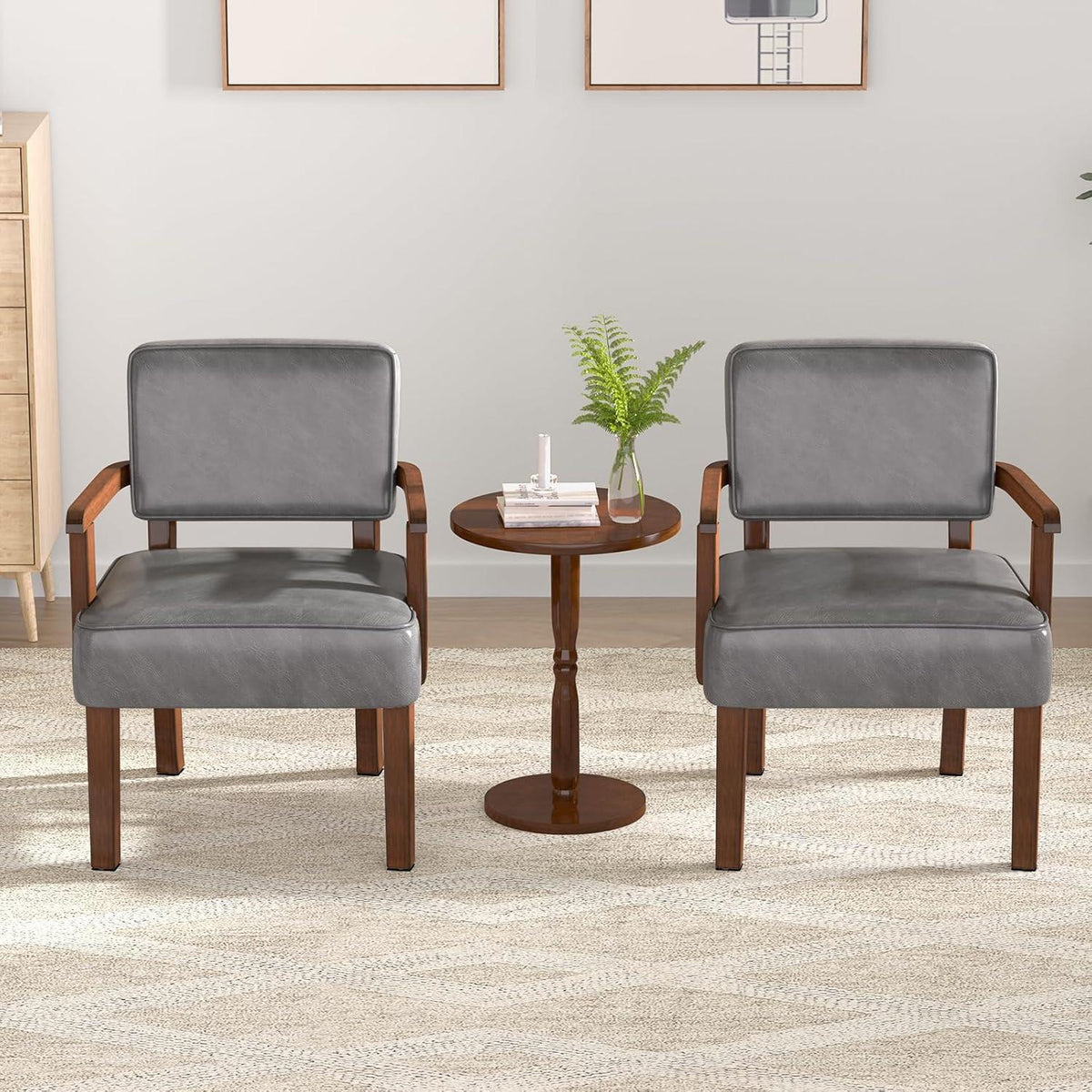 Lounge-Sessel Set (2 Sessel + 1 Tisch) Grau, Lederoptik
