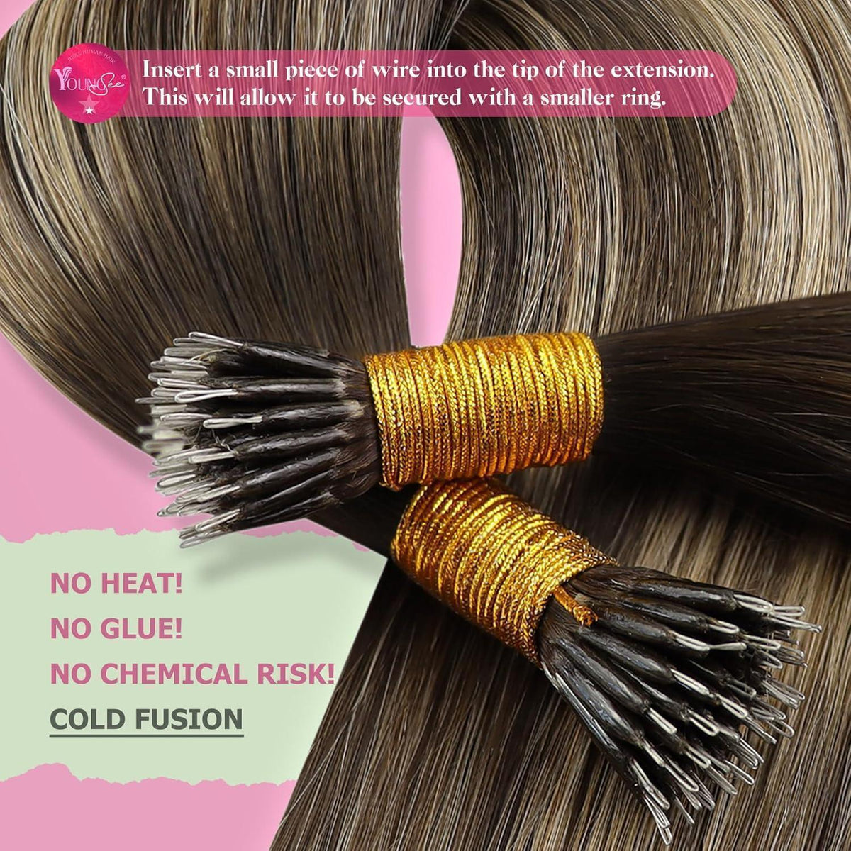 Nano Ring Extensions Braun Ombre Blond Echthaar 60cm