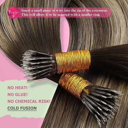 Nano Ring Extensions Braun Ombre Blond Echthaar 60cm