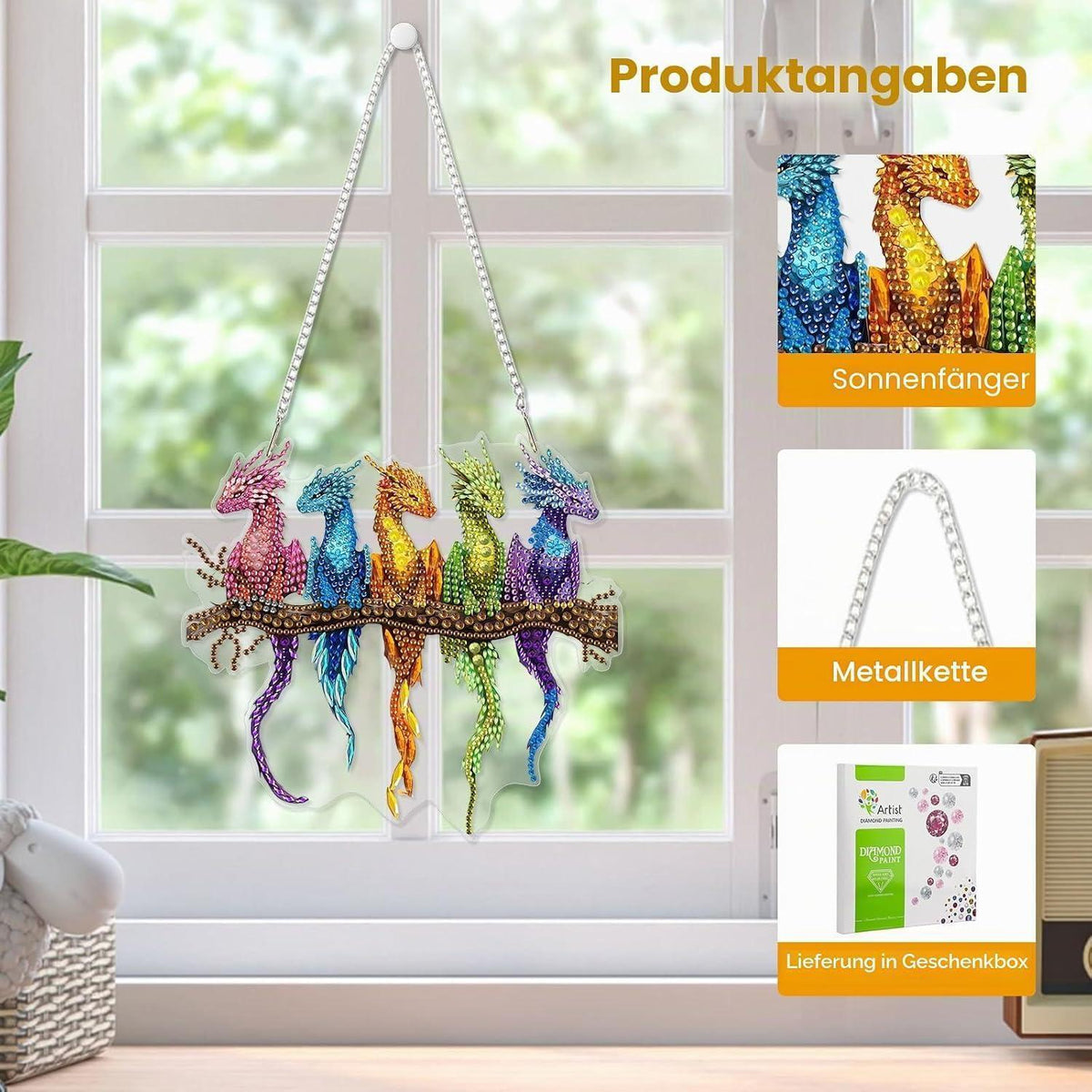 Diamant Painting Anhänger Drache – DIY Fensterbild Set