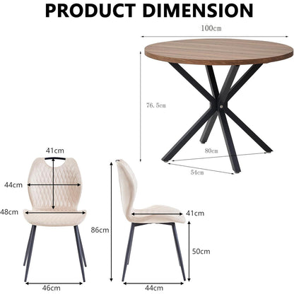 Rundes Esszimmer-Set Dunkelbraun & Beige | Tisch + 4 Stühle