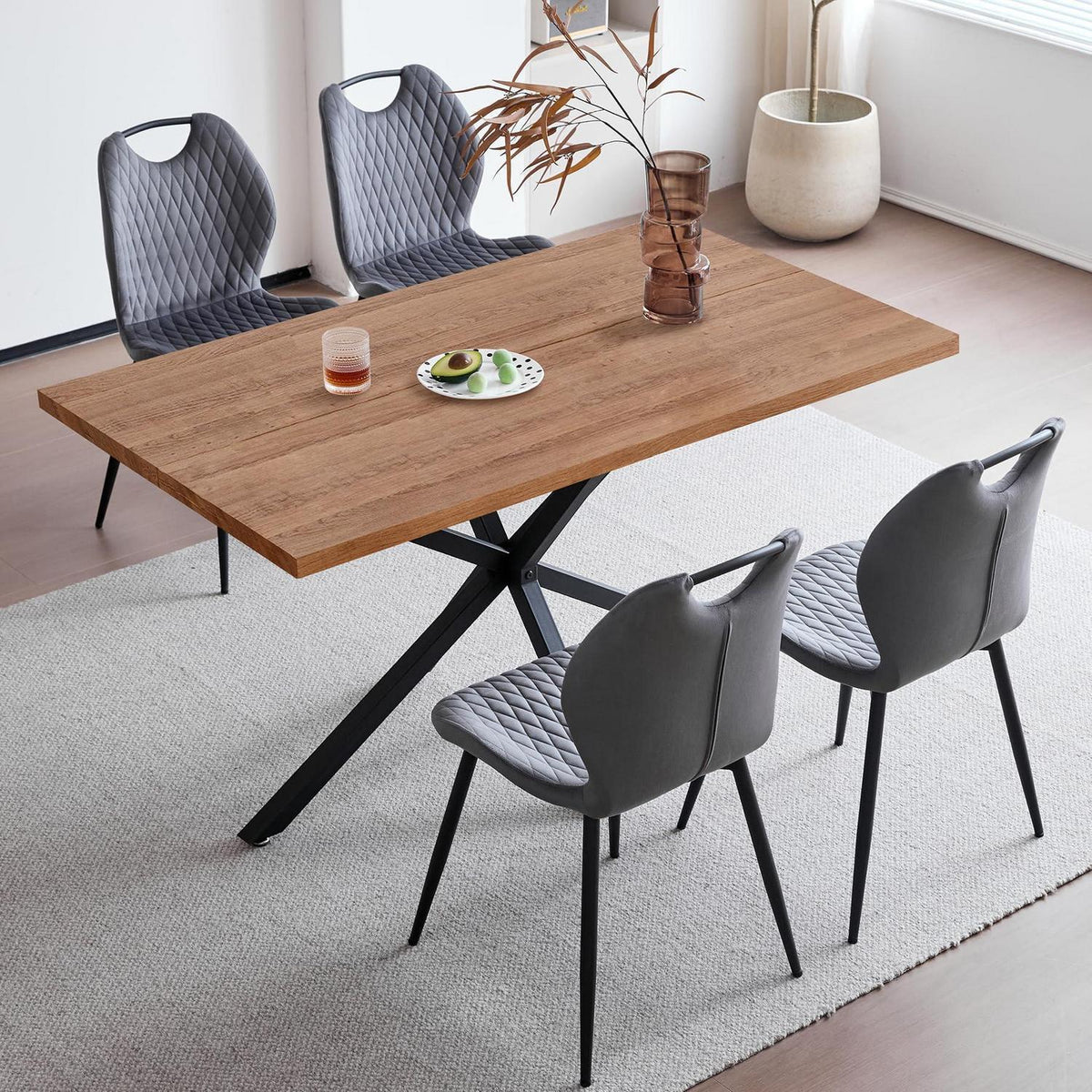 Esszimmer-Set 140cm | Quadratischer Tisch + 4 Leinenstühle Grau
