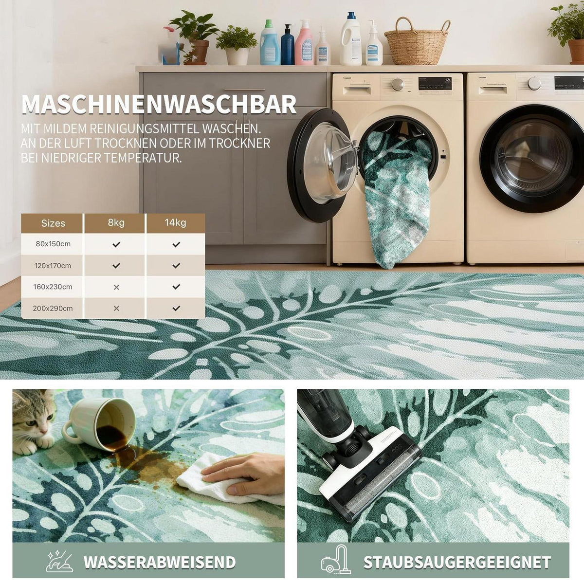 Grüner Kurzflor Teppich 200x300cm – Waschbar & Rutschfest