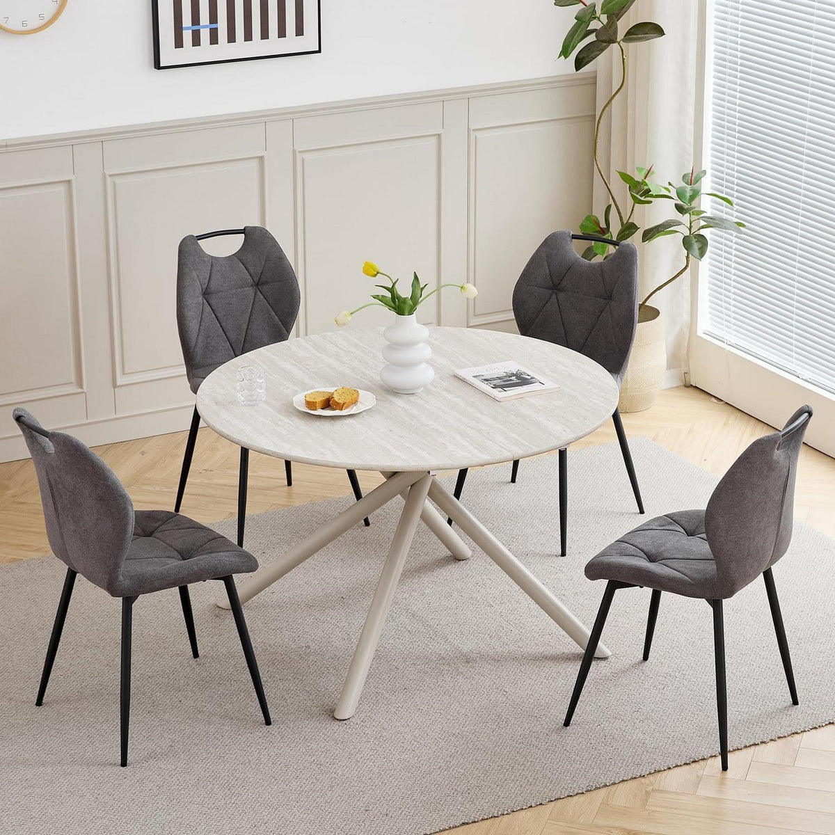 Rundes Esszimmer-Set mit 4 Leinenstühlen (Hellgrau + Grau)