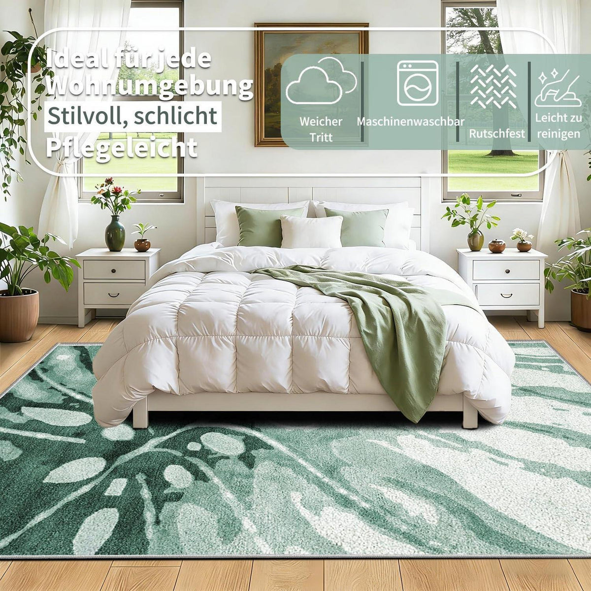 Grüner Kurzflor Teppich 160x230cm – Waschbar & Rutschfest