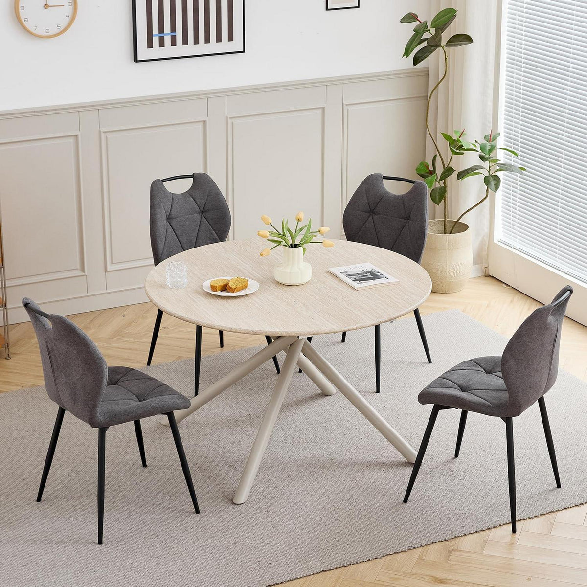 Rundes Esszimmer-Set mit 4 Leinenstühlen – Hellgelb & Grau