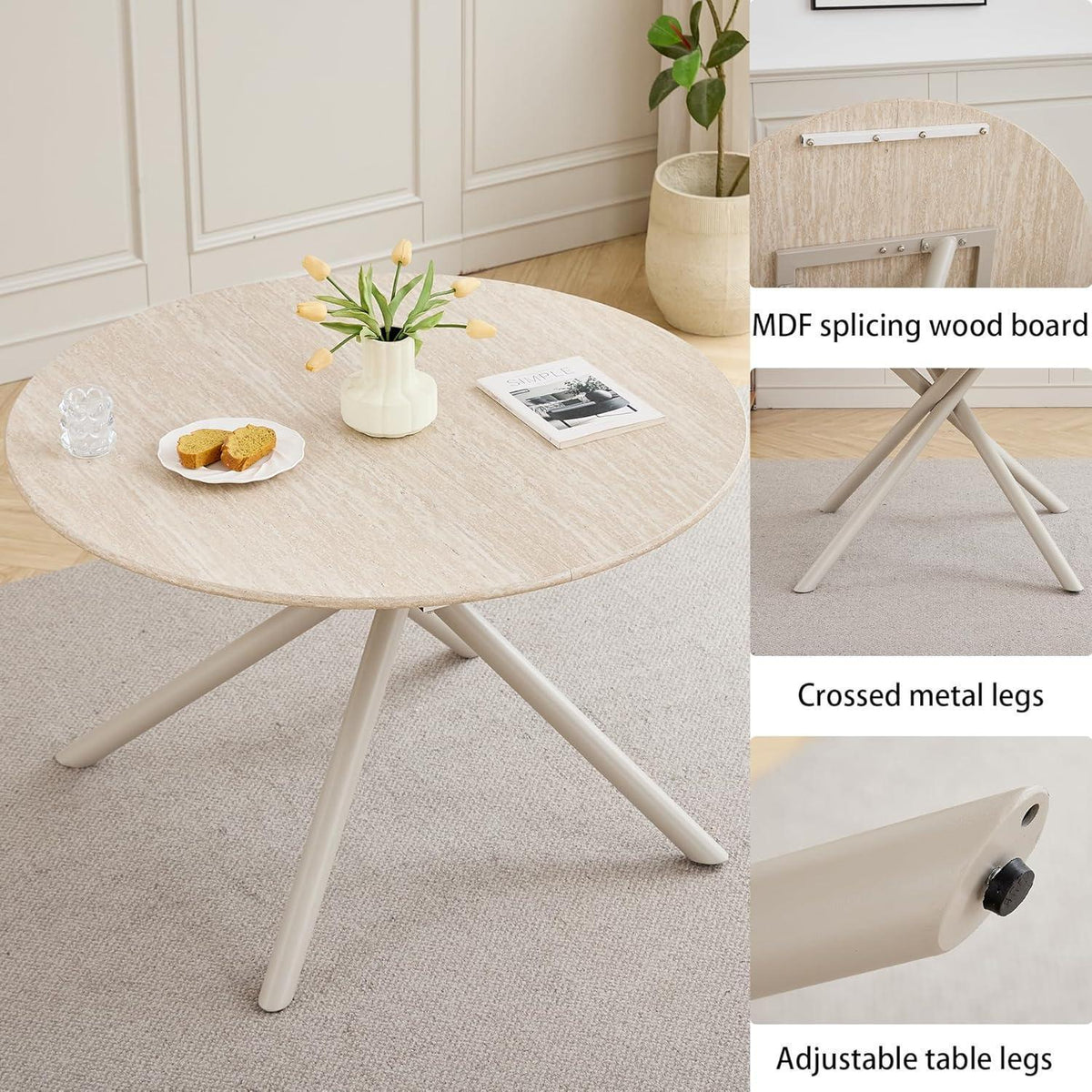 Rundes Esszimmer-Set mit 4 Leinenstühlen – Hellgelb & Grau