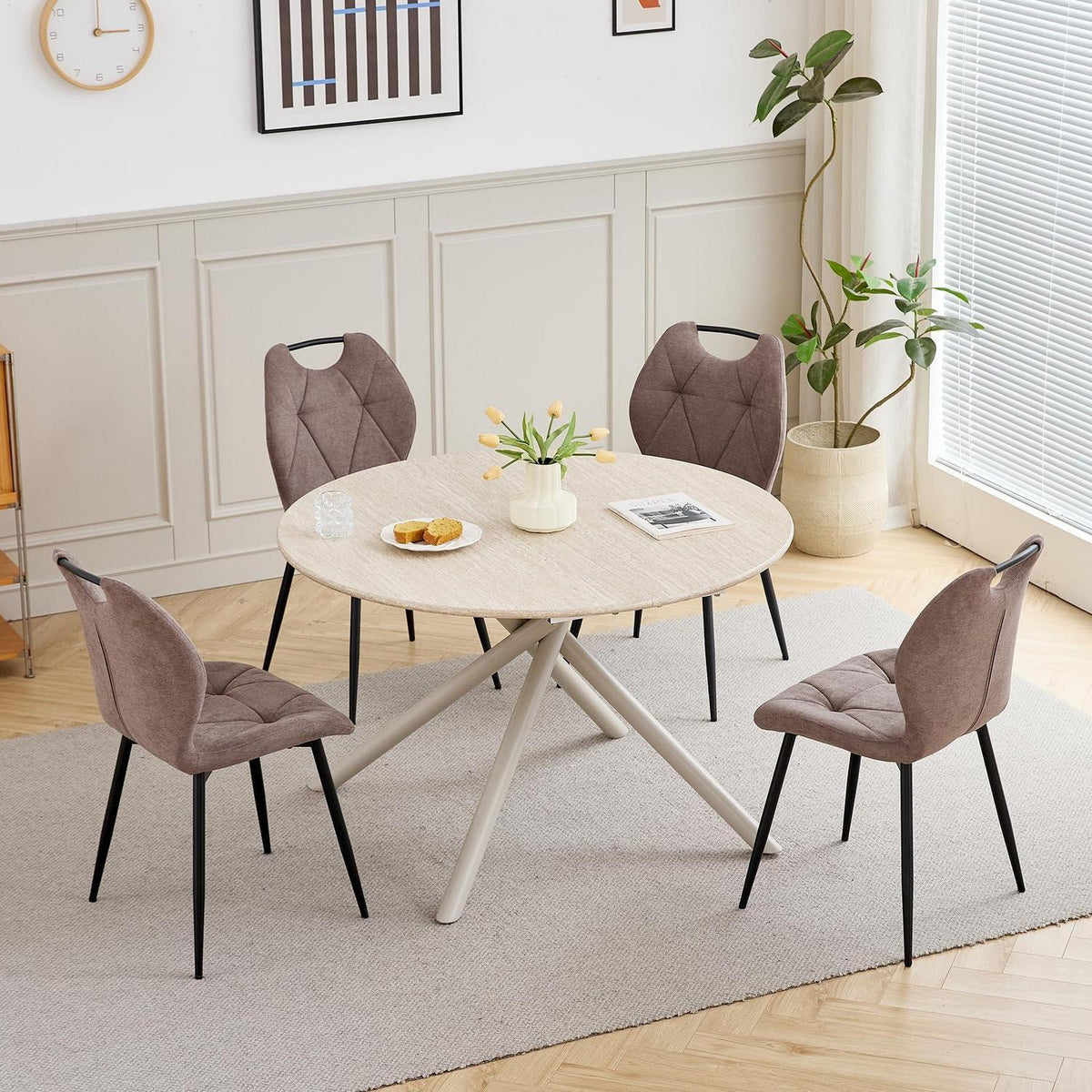 Rundes Esszimmer-Set mit 4 Leinenstühlen – Hellgelb & Braun