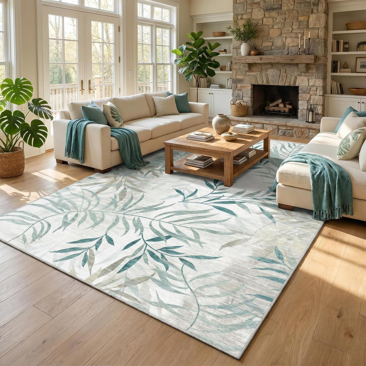 Großer Wohnzimmer Teppich 180x250 cm - Waschbar, Rutschfest & Botanisch
