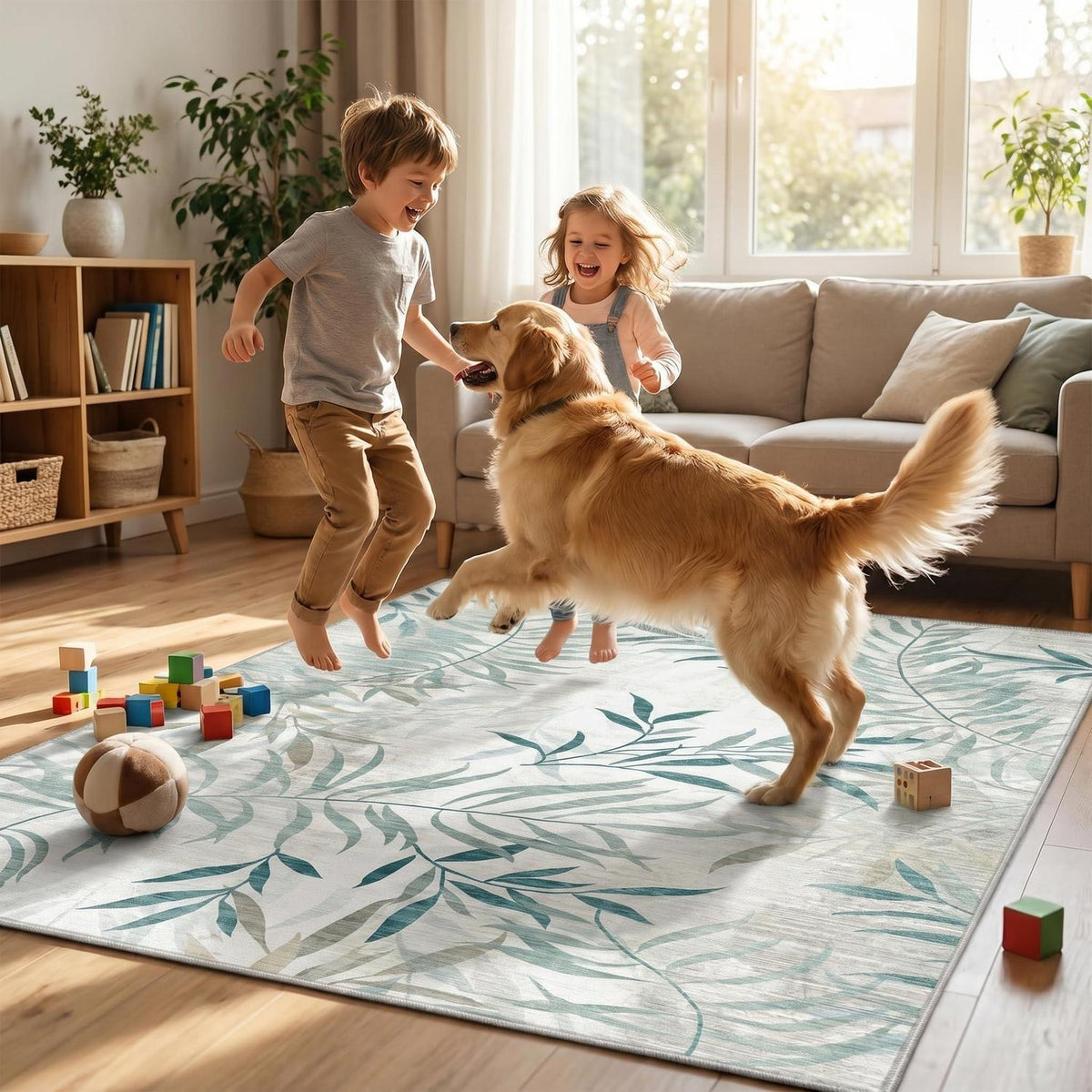 Großer Grün Wohnzimmer Teppich 200x300 cm – Waschbar & Rutschfest
