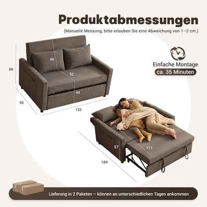 Schlafsofa 2-Sitzer Grau – Ausziehbare Schlafcouch mit Verstelllehne