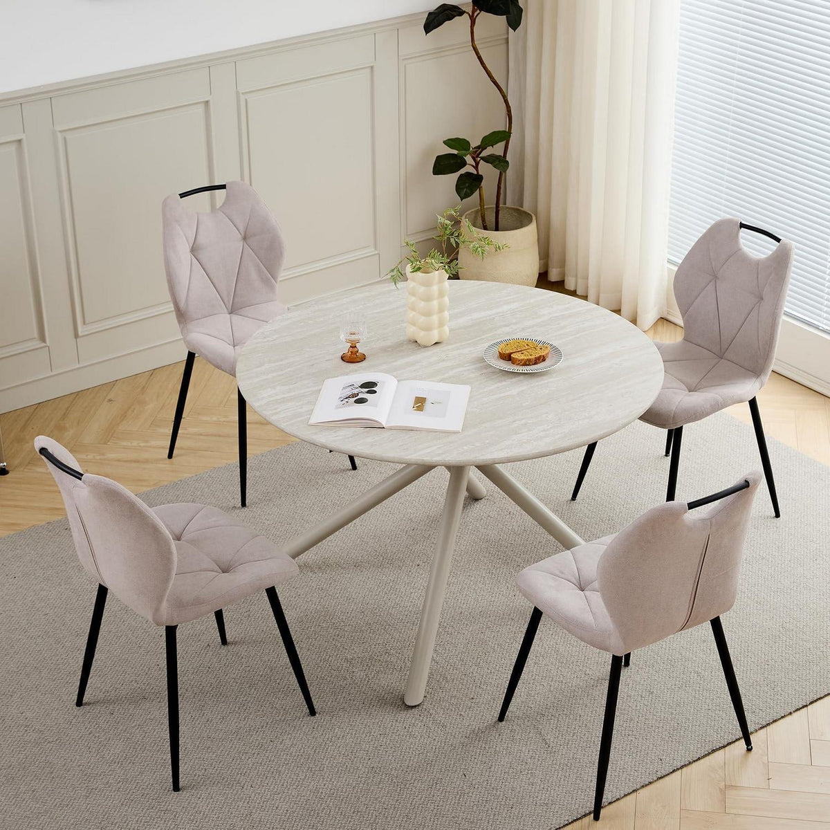 Rundes Esszimmer-Set mit 4 Leinenstühlen (Hellgrau + Beige)