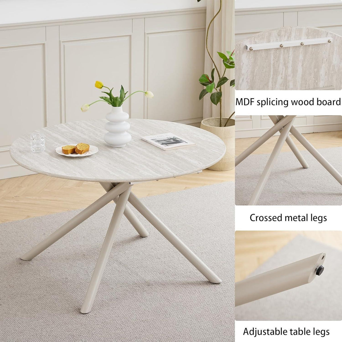 Rundes Esszimmer-Set mit 4 Leinenstühlen (Hellgrau + Beige)